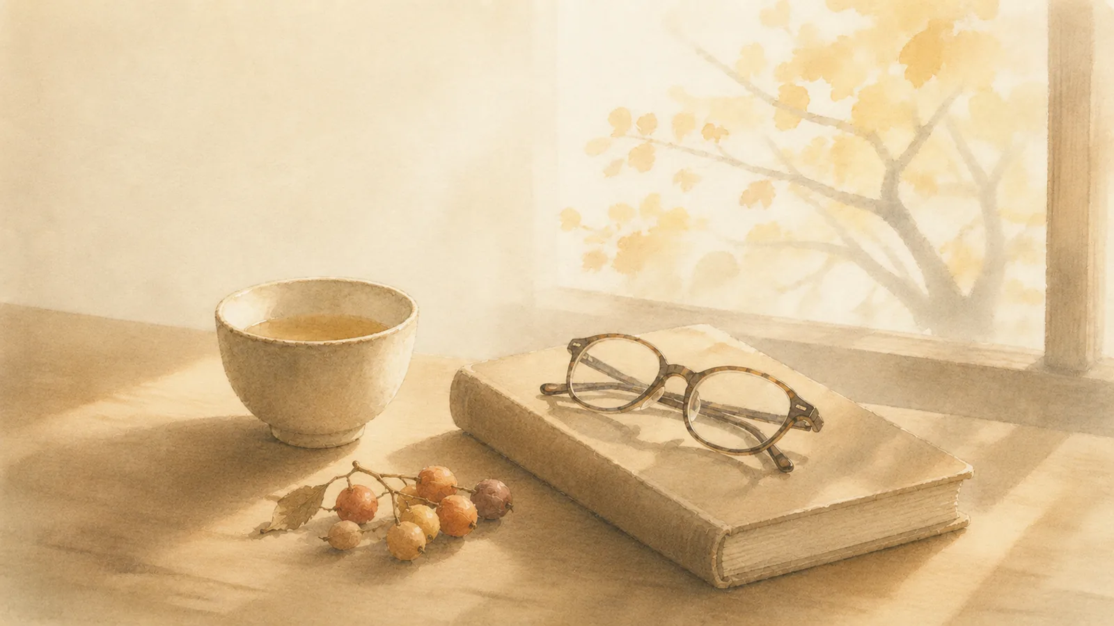 靠窗書桌上折起的老花眼鏡、舊書與粗陶茶盃