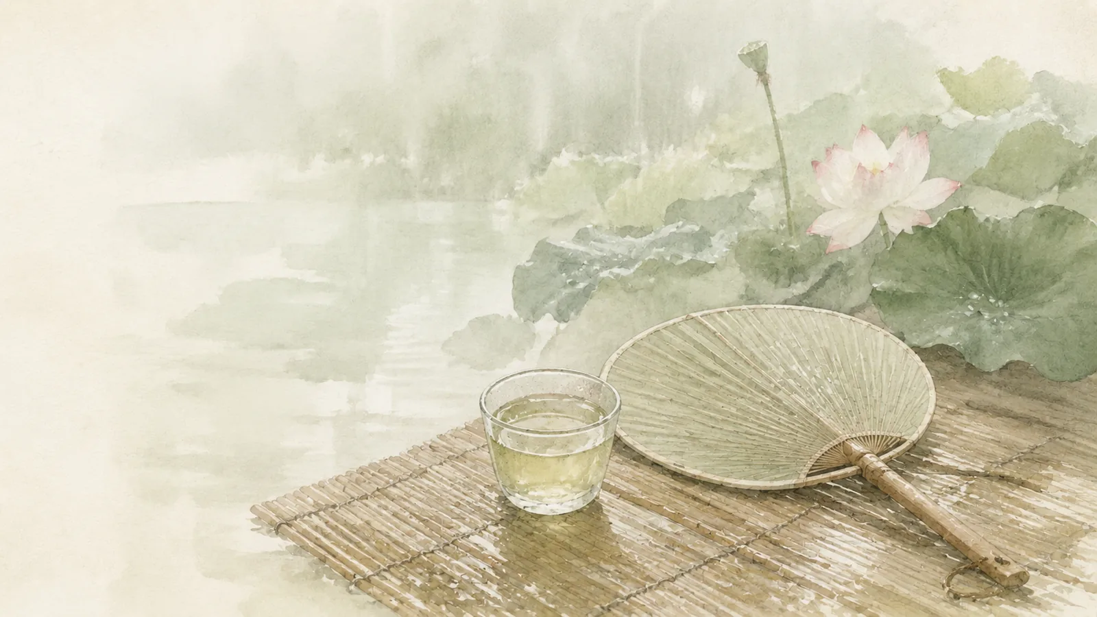 雨後荷塘邊的竹蓆、蒲扇與一杯淡茶