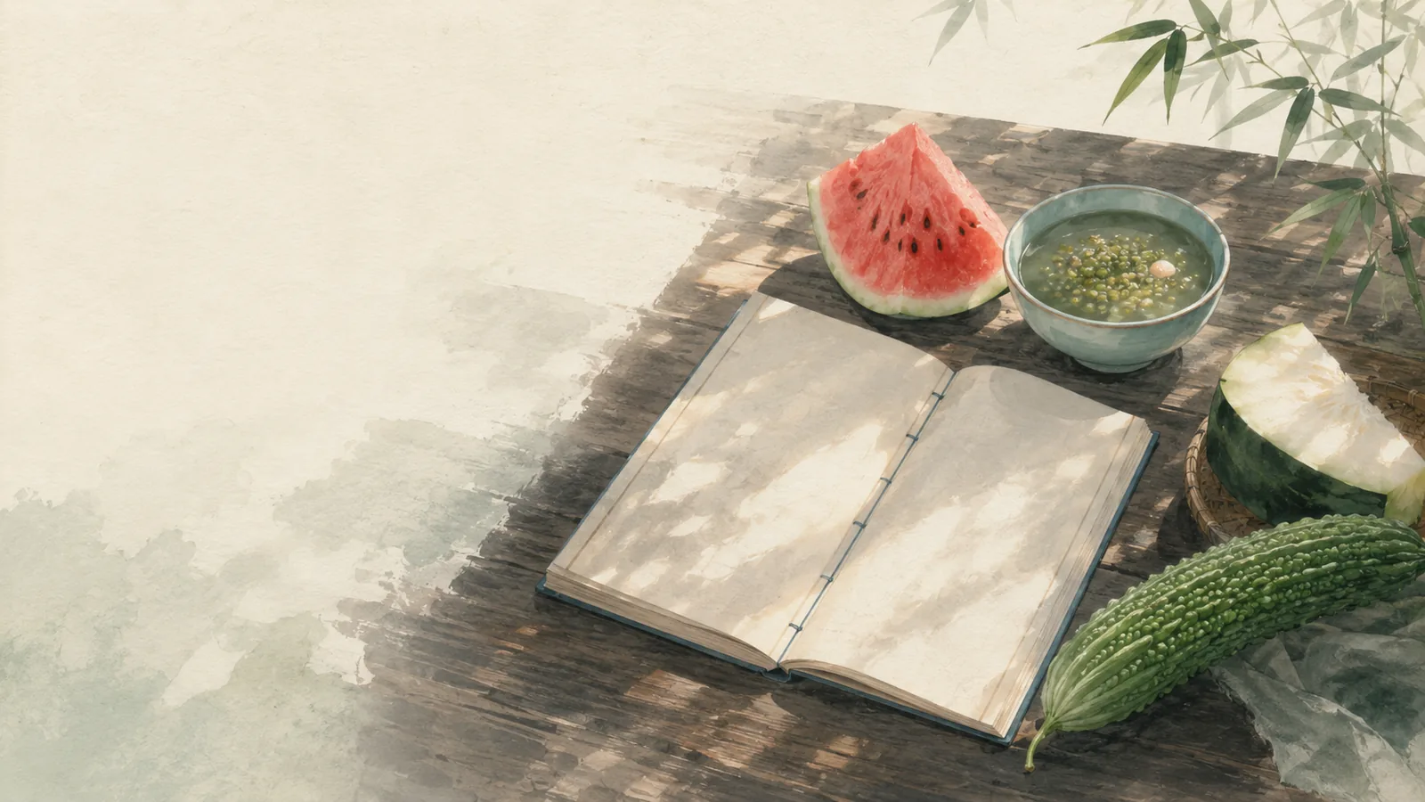 老木桌上攤開的線裝書，旁置西瓜、綠豆湯、冬瓜與苦瓜
