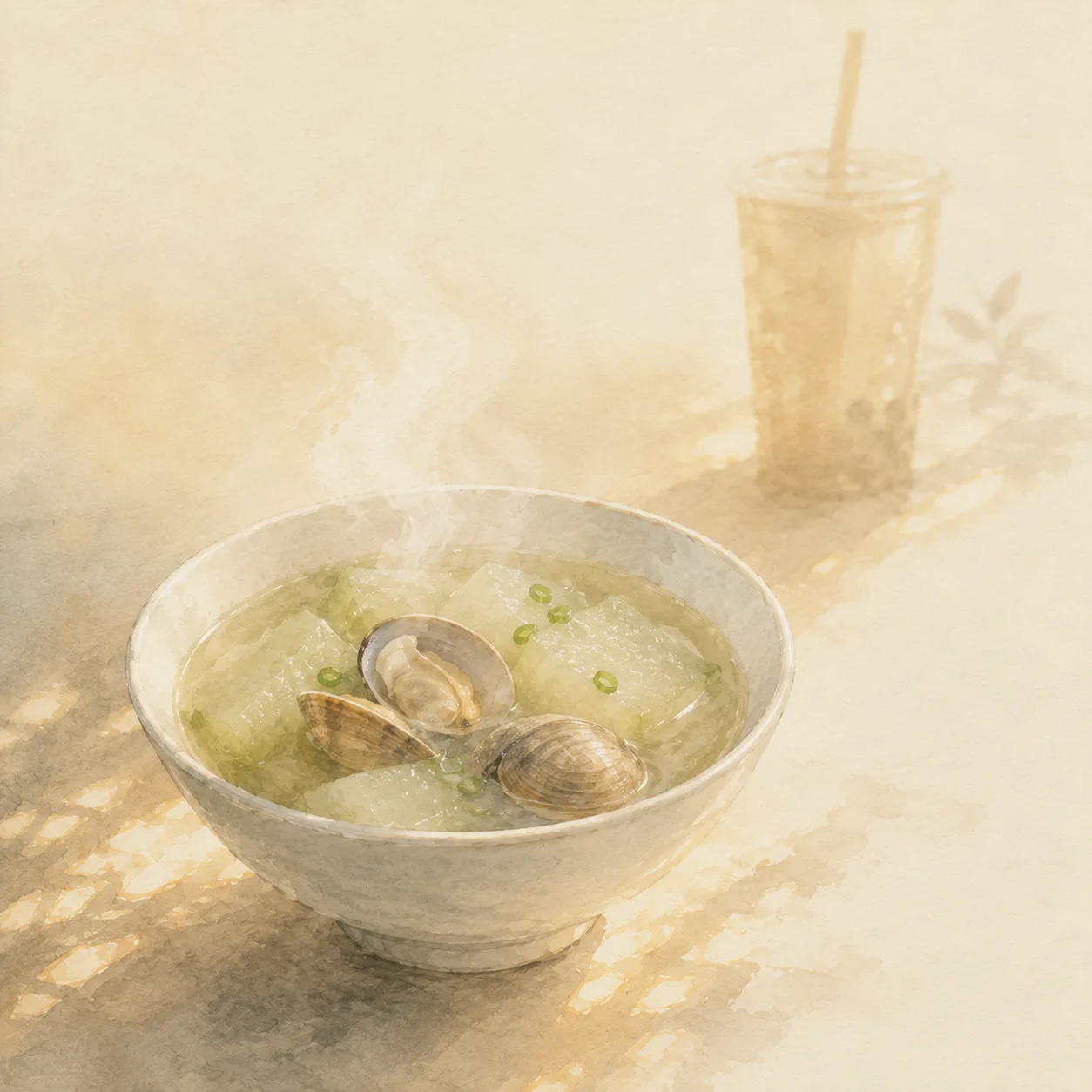 熱氣裊裊的冬瓜蛤蜊湯，背景是虛化的冰飲