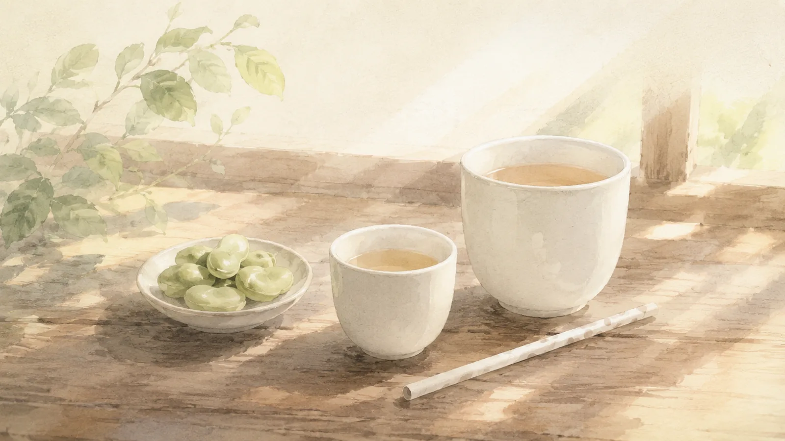 晨光下的木桌上，一大一小兩只白瓷杯與一支紙吸管