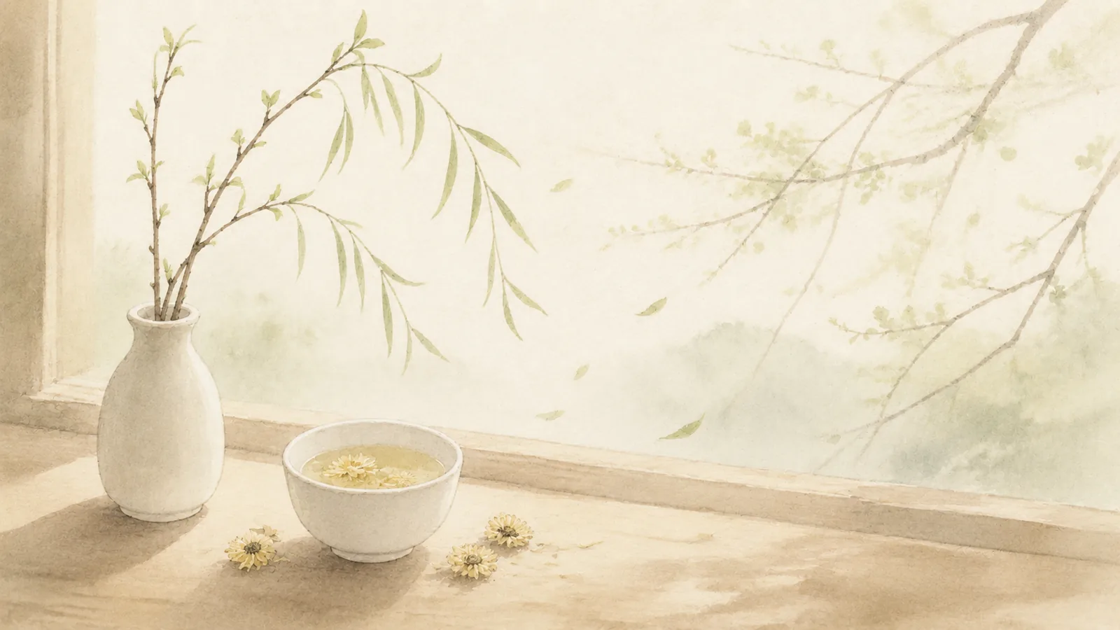 窗邊木桌上一枝新芽柳條與一杯菊花茶